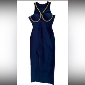 AKIRA Navy Blue Bodycon Midi Dress | Gold Chain Detail | Size S